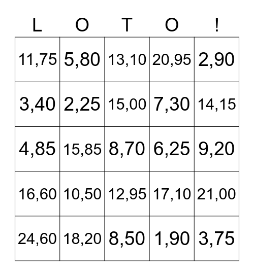 Liste des prix Bingo Card