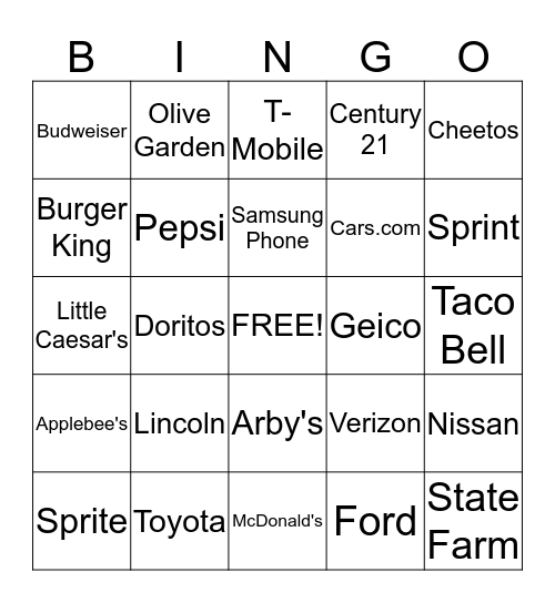 Super Bowl Commercial Bingo