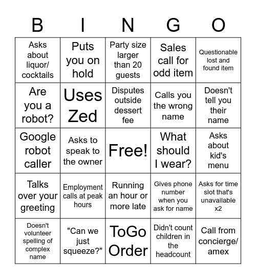 Hospitality Team Bingo Card