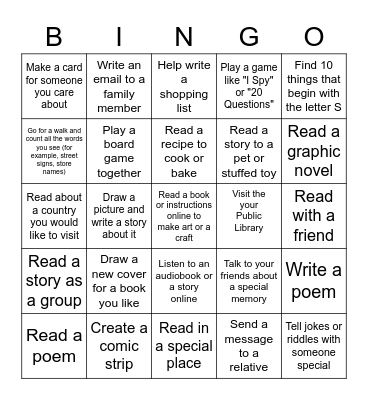 Literacy Week Bingo - Family Edition Bingo Card