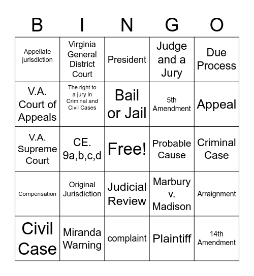 Judicial Branch Test Bingo Card