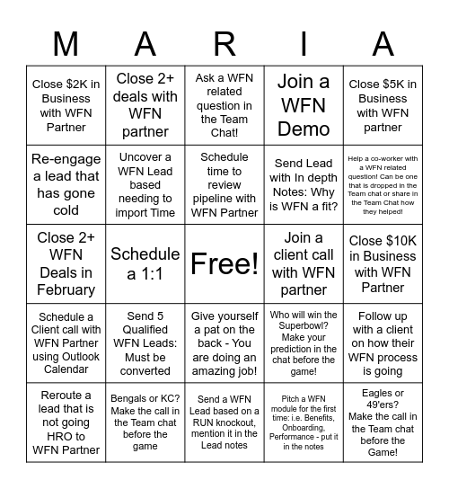 Team Maria WFN BINGO Card