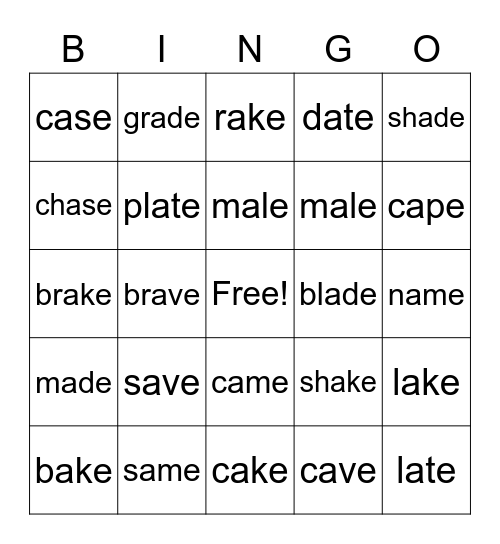 a- e Bingo Card