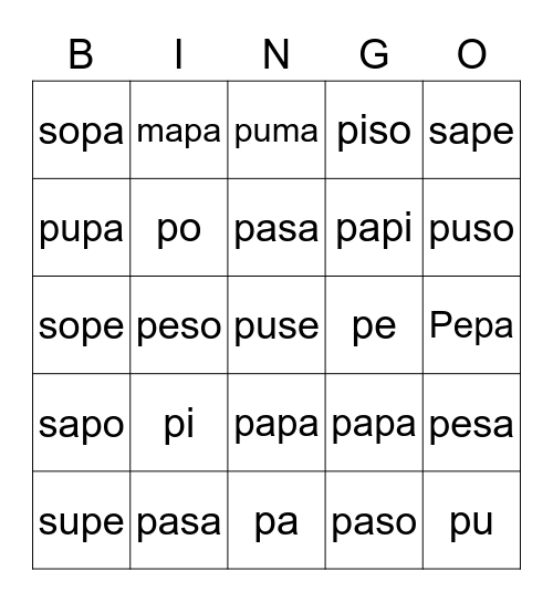 Letra Pp Bingo Card