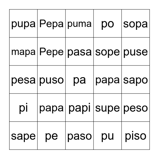 Letra Pp Bingo Card