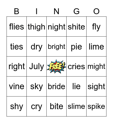 Long i (i_e, igh, y) Bingo Card