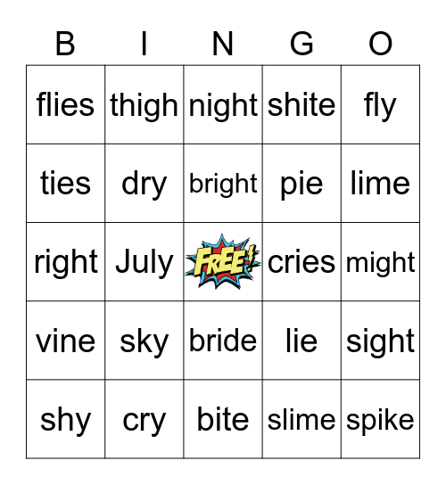 Long i (i_e, igh, y) Bingo Card