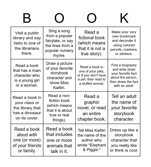 Miss Kaitlin's Book Bingo! Bingo Card
