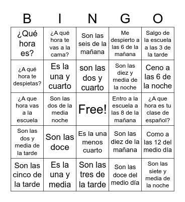 Telling time in Spanish Bingo Card