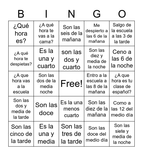 Telling time in Spanish Bingo Card