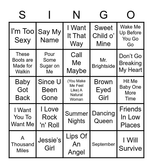 KARAOKE SINGO Bingo Card