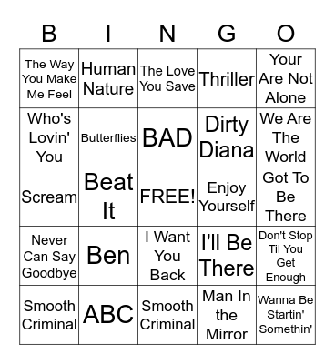 MICHAEL JACKSON Bingo Card