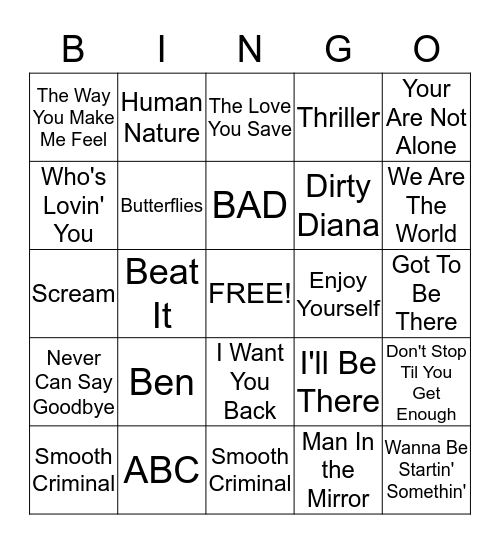 MICHAEL JACKSON Bingo Card