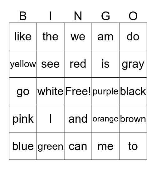 Sight Word Bingo Card