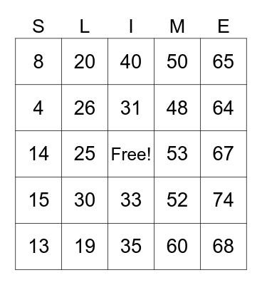 Slime Time Bingo Card