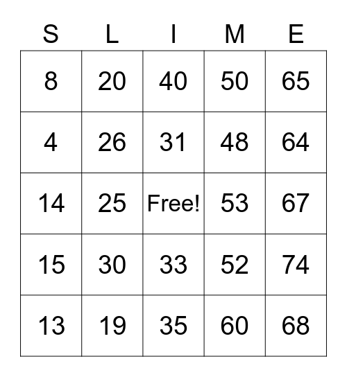 Slime Time Bingo Card