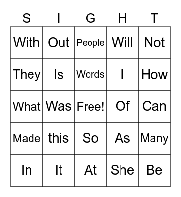 sight words Bingo Card
