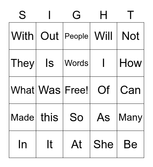 sight words Bingo Card