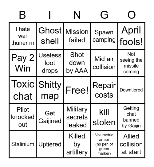 War thunder bingo Card