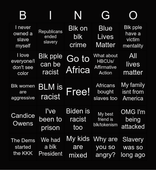 YT Supremacy Rhetoric Bingo Card