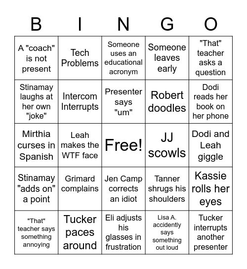 Faculty Meeting Bingo Card