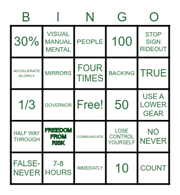 TRANSPORTATION SAFETY BINGO Card