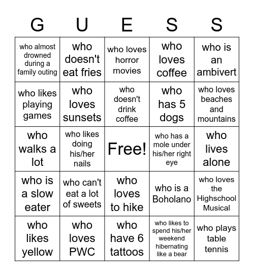 FIND THE GUEST Bingo Card