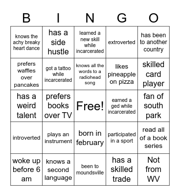 personality bingo Card