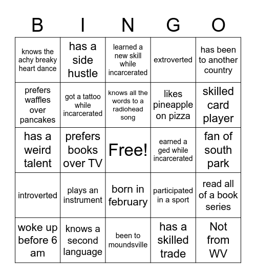 personality bingo Card