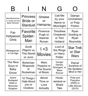 Cinema Bingo Card