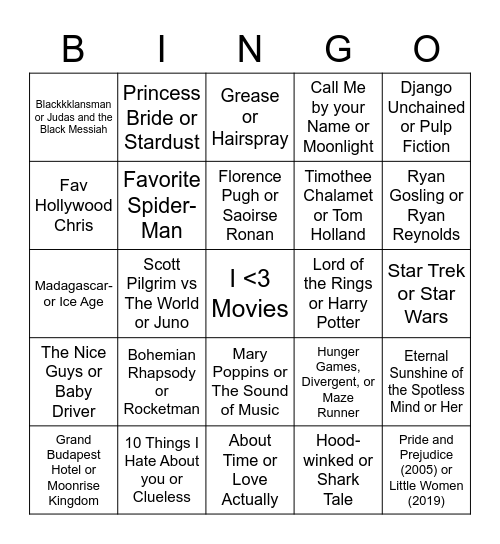 Cinema Bingo Card