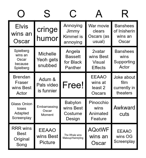 2023 OSCARS Bingo Card