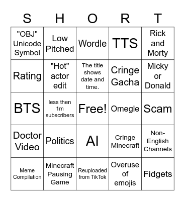 YouTube Shorts Bingo Card