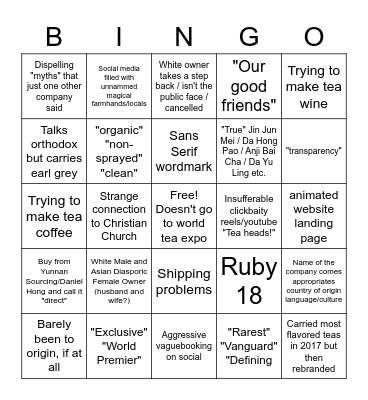 Specialty Tea Company Bingo Card