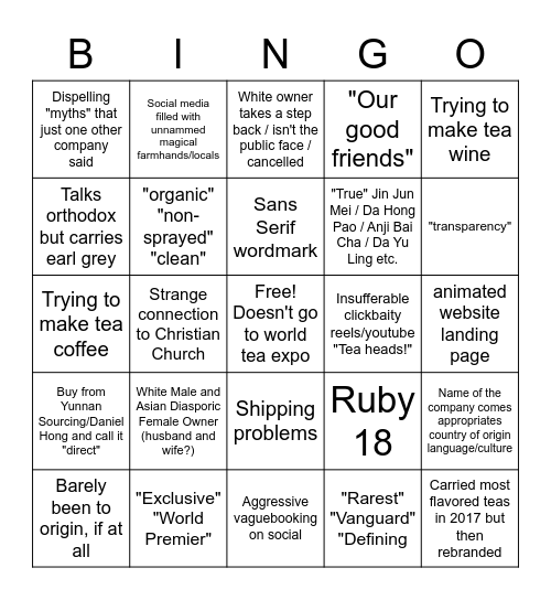 Specialty Tea Company Bingo Card