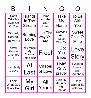 Love Songs Bingo Card