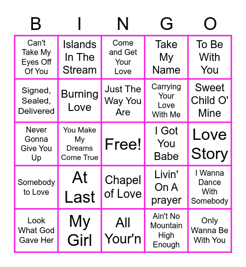 Love Songs Bingo Card