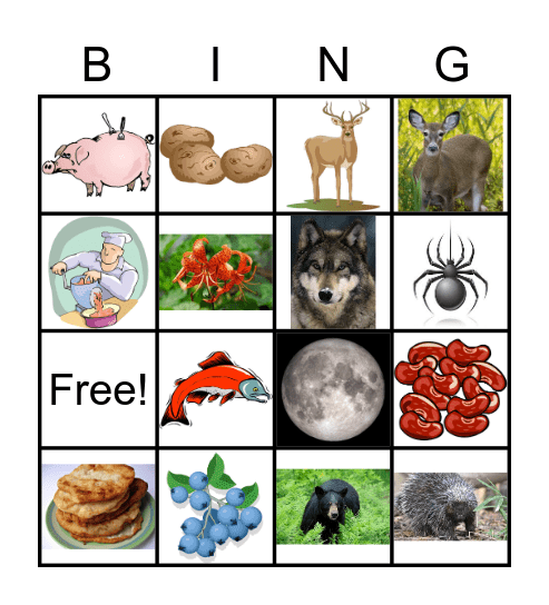 nsəlxcin foods/ animal names Bingo Card