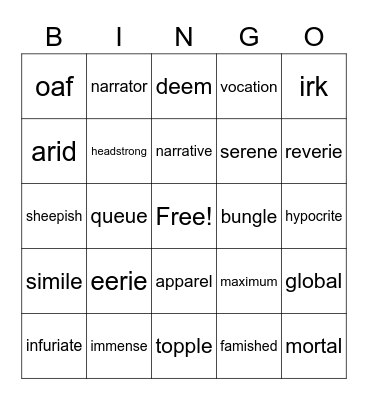 Vocabulary Bingo Card