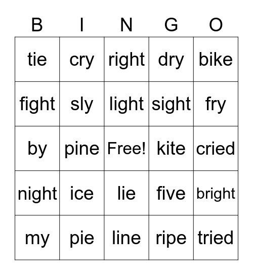 Long i words Bingo Card