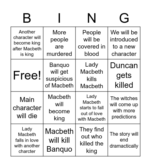 Macbeth Predictions Bingo Card