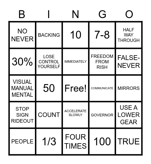 TRANSPORTATION BINGO Card