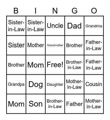 Family Members Bingo Card