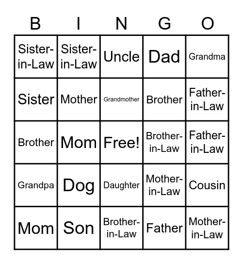 Family Members Bingo Card