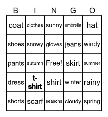 clothes Bingo Card