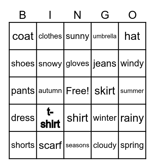 clothes Bingo Card