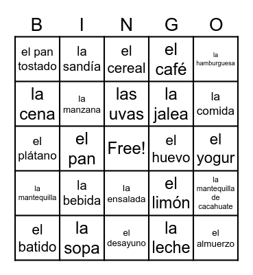 la comida Bingo Card