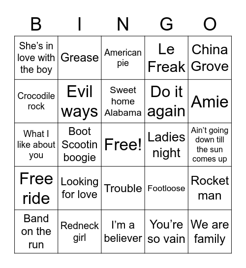 70s music Bingo Card