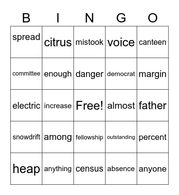 Challenge Word Bingo Card