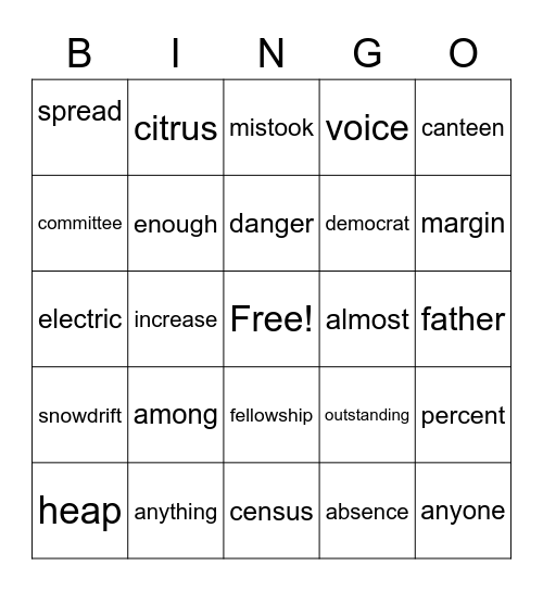 Challenge Word Bingo Card